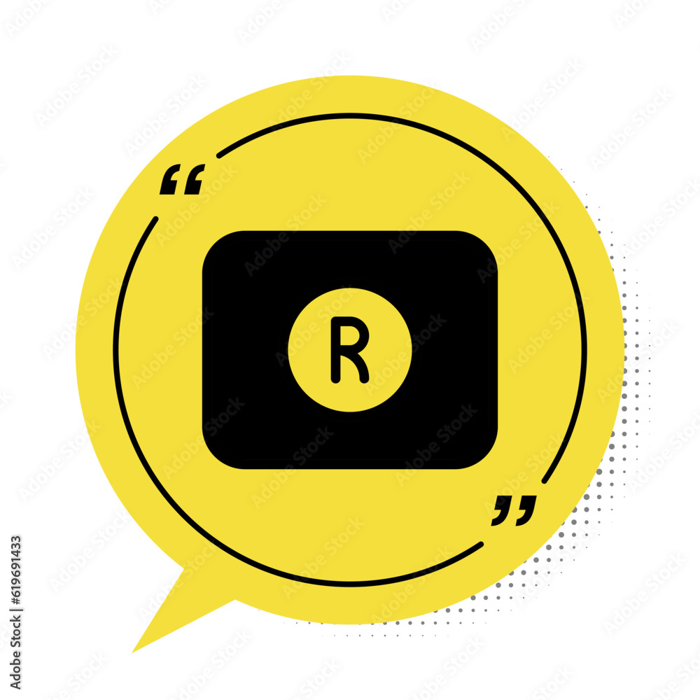 Poster black record button icon isolated on white background. rec button. yellow speech bubble symbol. vect