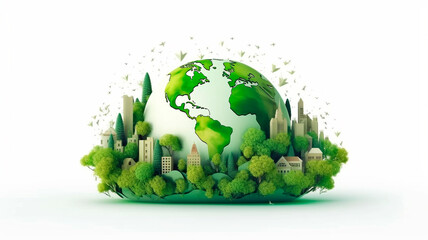 Green earth day on isolated white background. Care for the environment and ecology. Resources that are sustainable, renewable, and green. Generative AI