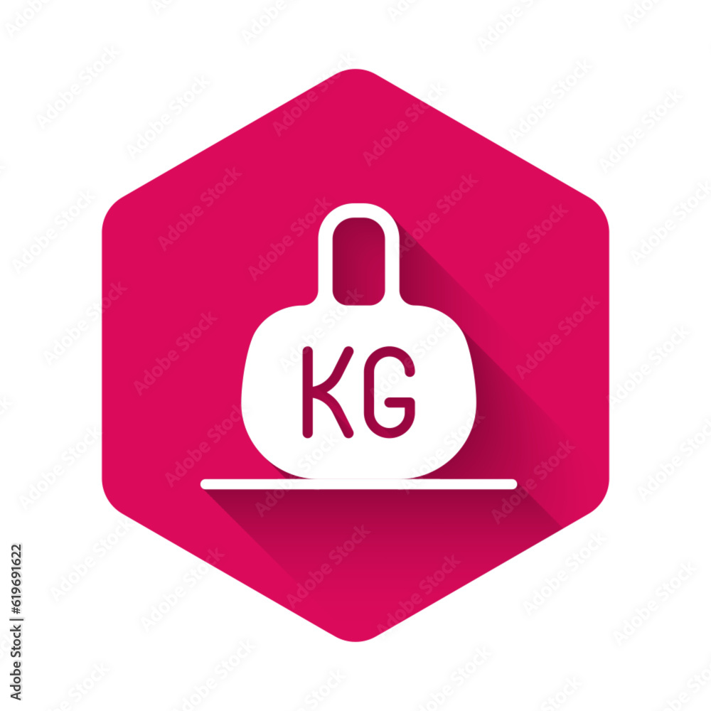 Poster white weight icon isolated with long shadow background. kilogram weight block for weight lifting and