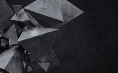 Abstract concrete triangle pyramids on dark concrete background