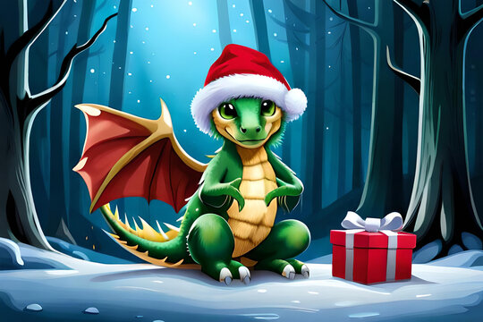 cute green dragon in santa hat, symbol 2024 new year on winter background created with generative ai technology