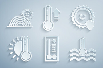 Set Meteorology thermometer, UV protection, Thermometer with sun, Water, and Rainbow icon. Vector
