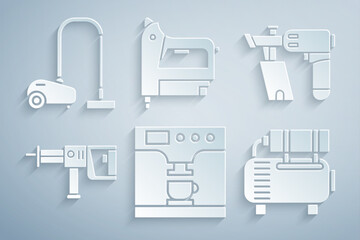 Set Coffee machine and cup, Nail gun, Rotary hammer drill, Air compressor, Electric construction stapler and Vacuum cleaner icon. Vector