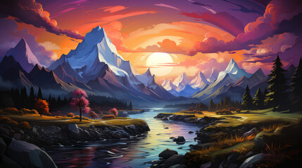 Fototapeta na wymiar sunrise over the mountains, mluntains with lake and sunset, generative ai