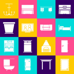 Set Picture, Closed door, Bed, Office desk, frame on table, Flower pot, Chandelier and TV stand icon. Vector