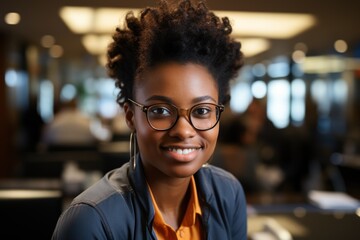 Handsome young black woman wearing eyeglasses standing and looking at the camera. She works in a thriving company.