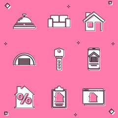 Set Hotel service bell, Sofa, House, Garage, key, Online real estate house, with percant discount and contract icon. Vector