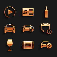 Set Car protection or insurance, Wooden barrel for wine, Electric car, Calendar and clock, Wine glass and Police flasher icon. Vector
