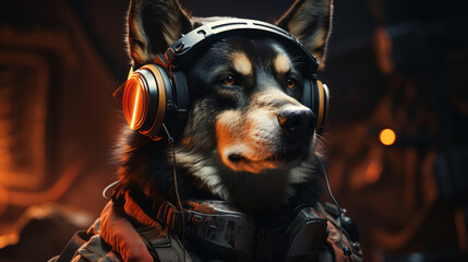 portrait of a wolf in combat suit, cyberpunk husky, generative ai