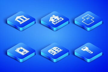 Set House key, Museum building, contract, Hanging sign with text Sold and plan icon. Vector