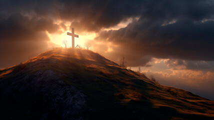 holy cross symbolizing the death and resurrection of Jesus Christ with The sky over Golgotha Hill is shrouded in light and clouds. Generative AI