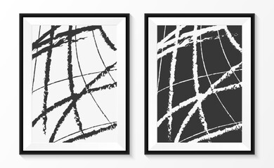 Black and white abstract image on paper. Black wooden frame. Home decoration. Vector illustration.