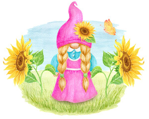 Gnome girl with sunflowers on green lawn isolated on white background. Holiday card design. Watercolor drawing.