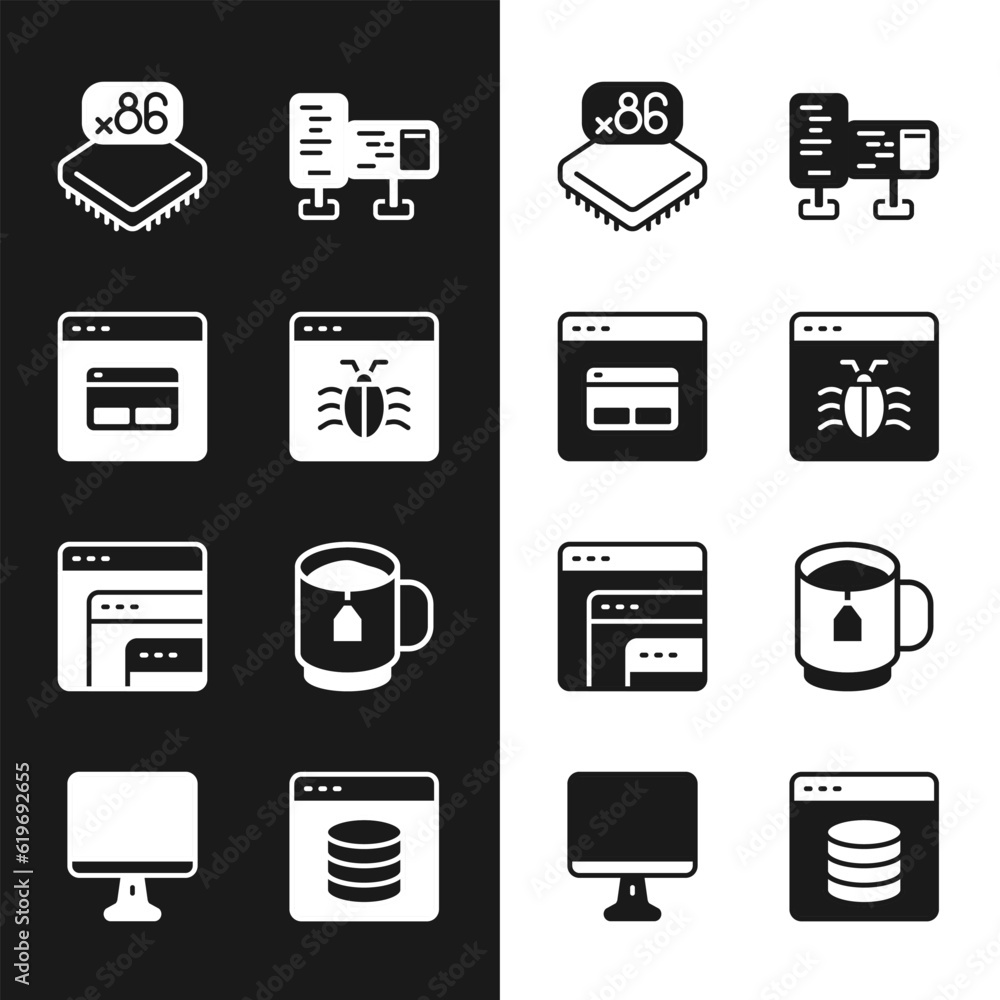 Poster set system bug, search engine, processor with microcircuits cpu, computer monitor screen, software, 