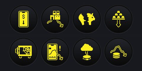 Set Safe, Gold bars, Mobile stock trading, Storm, Broken piggy bank, Shutdown of factory, Dollar rate decrease and icon. Vector