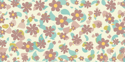 Fototapeta premium Vintage Sunflower Seamless pattern muted color Korea flower Contemporary Liberty feminine botanical floral branch. Hand drawn wedding herb, minimalistic flowers with elegant leaves. Repeat pattern.