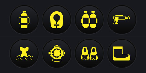 Set Whale tail, Fishing harpoon, Aqualung, Flippers for swimming, Life jacket, Boots and icon. Vector