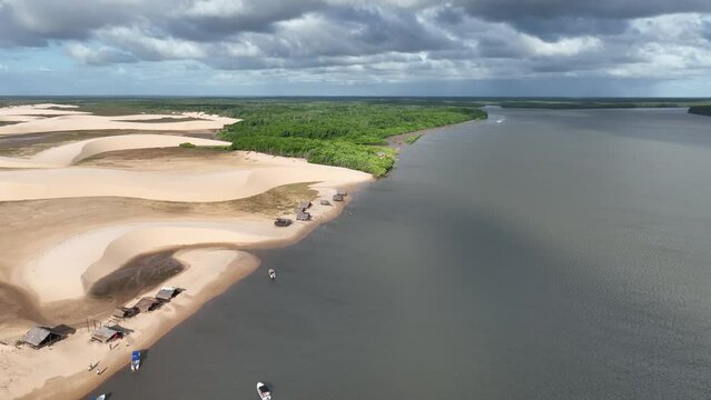 Aerial view of the Delta of the Americas, Delta do Parnaiba, Brazil. Sand dunes with pools of water and islands, route of emotions. Island of Canarias
