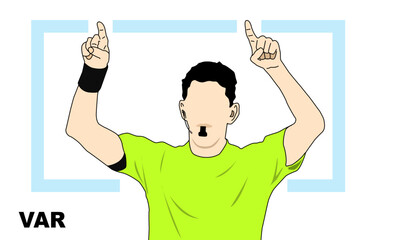 the football referee wearing a bright green shirt is lifting both forefingers up and pointing to the VAR area. Video Assistant Referees
