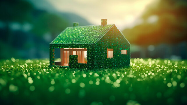House model on green grass, generative ai image of dream home concept. Generative AI