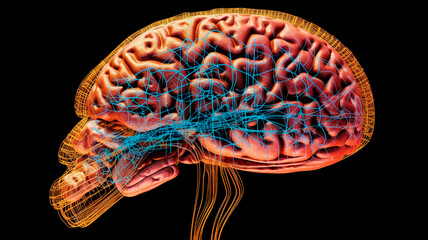 Human brain close-up powered by Bitcoin. Generative AI