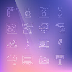 Set line Electric heater, Construction jackhammer, cordless screwdriver, Coffee machine and cup, Paint spray gun, Gas stove, drill and circular saw icon. Vector