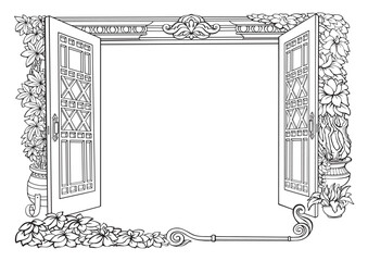 Botanical border with an open door and tropical plants.Vector.