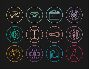 Set line Car handbrake, disk with caliper, battery, Chassis car, wheel, Windscreen wiper, door handle and windscreen icon. Vector