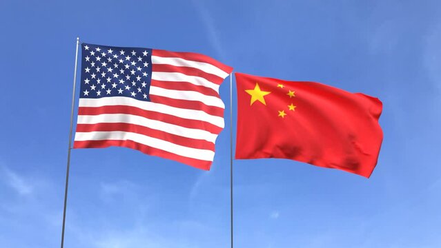 Looping video of the American Flag and China flag on blue sky background