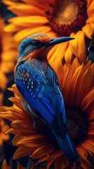 blue and yellow macaw, sunflower with bird, generative ai