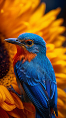 Obraz premium blue and yellow macaw, sunflower with bird, generative ai