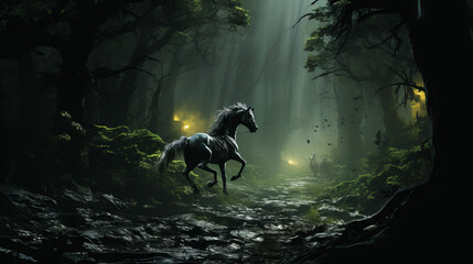 horses in the woods, horses in dark forest, generative ai