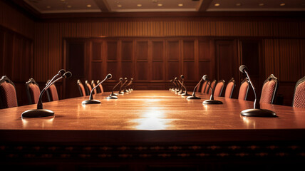 image, empty press conference table with microphones. Generative AI