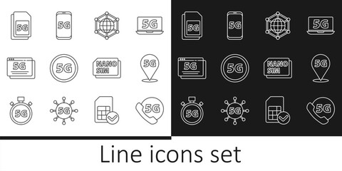 Set line Phone with 5G network, Location, Social, Sim Card, Nano and Mobile icon. Vector