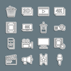 Set line Microphone, Play Video, Media projector, Laptop with 8k, Popcorn in box and Paper glass water icon. Vector