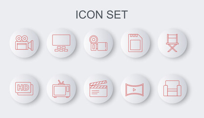 Set line Cinema chair, Hd movie, tape, frame, camera, Online play video, auditorium with seats, Retro tv and Movie clapper icon. Vector