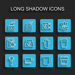 Set line Coffee filter holder, cup, Manual coffee grinder, pot, machine, Bag beans, to go and Teapot icon. Vector