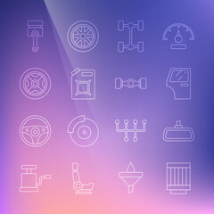 Set line Car air filter, mirror, door, Chassis car, Canister for gasoline, wheel, Engine piston and icon. Vector