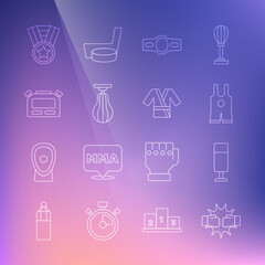 Set line Punch in boxing gloves, Punching bag, Wrestling singlet, Boxing belt, Stopwatch, Medal and Japanese costume Kimono icon. Vector
