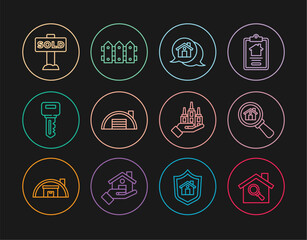 Set line Search house, Real estate message, Warehouse, House key, Hanging sign with text Sold, Skyscraper and Garden fence wooden icon. Vector