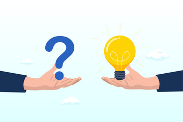 Businessman hand holding question mark with other reply with light bulb, question and answer, solving problem or business solution, ask for reply or idea to solve difficulty and trouble, FAQ (Vector)