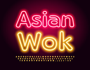 Vector advertising Banner Asian Wok. Modern Neon Font. Bright Glowing Alphabet Letters and Numbers set