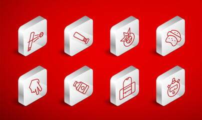 Set line Stopwatch, Baseball bat, Hotdog sandwich, Sport bag, with, Bottle of water and glove icon. Vector