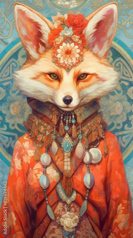 Sticker the girl with a fox,fox lady, generative ai