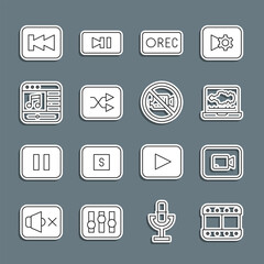 Set line Play video, button, Sound or audio recorder, Record, Arrow shuffle, Music player, Rewind and Prohibition no recording icon. Vector
