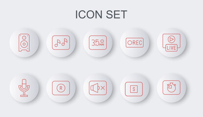 Set line Stopwatch, Microphone, Audio jack, media button, Stereo speaker, Music note, tone, Record and Speaker mute icon. Vector
