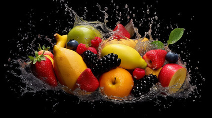 fruit in water splash, fresh fruit plate, generative ai