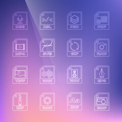 Set line BMP file document, EPS, RAW, PSD, SVG, MP4, OGG and GIF icon. Vector