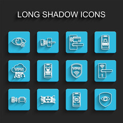 Set line Smart car alarm system, VPN with microchip circuit, Invisible or hide, Mobile and eye scan, Shield, face recognition, Digital door lock wireless and icon. Vector