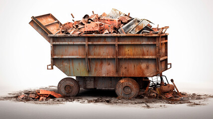 Large overloaded metal dumpster filled with construction waste and debris near a construction zone. Generative AI